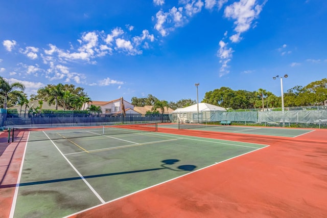view of tennis court featuring fence