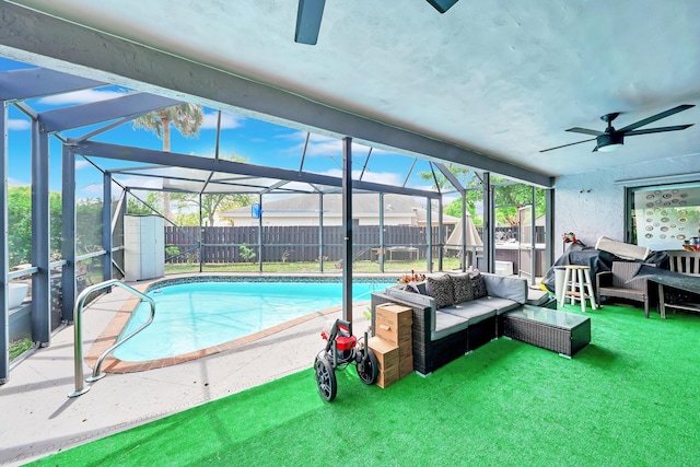 3750 NW 73rd Way, Coral Springs, FL 33065 - view of pool with outdoor lounge area, ceiling fan, a patio, and glass enclosure