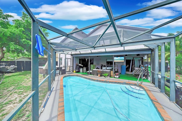 3750 NW 73rd Way, Coral Springs, FL 33065 - outdoor pool with a patio, glass enclosure, fence, and a ceiling fan