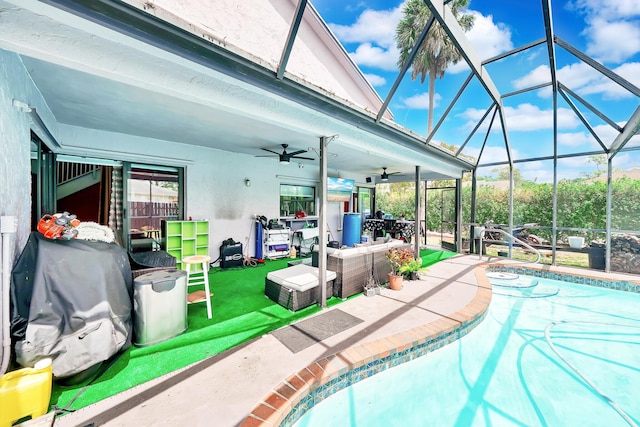 3750 NW 73rd Way, Coral Springs, FL 33065 - swimming pool with ceiling fan, a patio, an outdoor living space, and a lanai