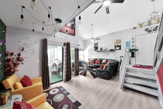 3750 NW 73rd Way, Coral Springs, FL 33065 - living room featuring ceiling fan, wood finished floors, vaulted ceiling, and a textured ceiling
