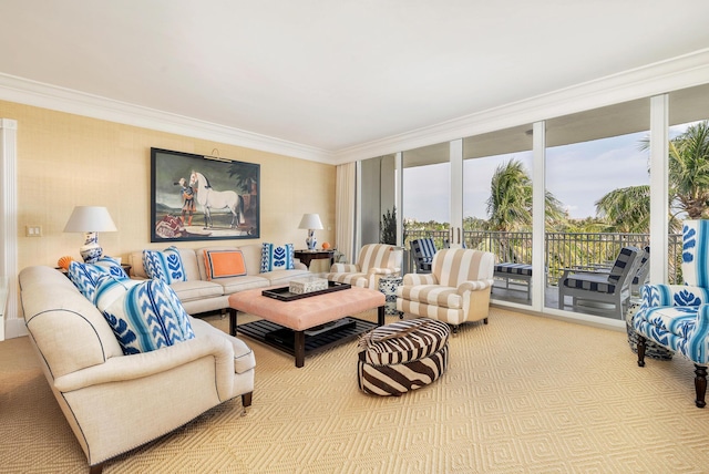 carpeted living area with crown molding