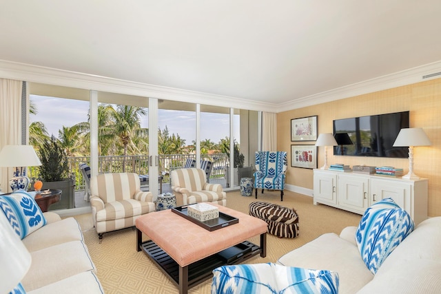 living room with light carpet, baseboards, ornamental molding, and visible vents