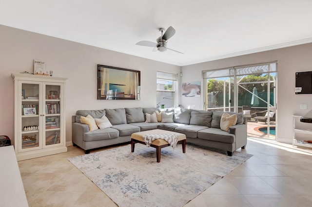 9506 Fox Trot Ln, Boca Raton, FL 33496 - living room with light tile patterned floors, a ceiling fan, and crown molding