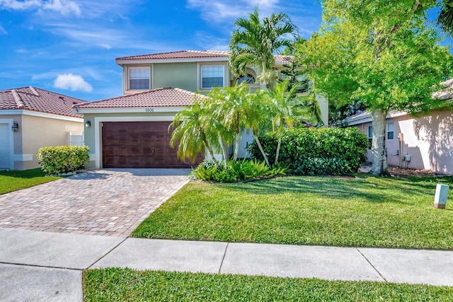 9506 Fox Trot Ln, Boca Raton, FL 33496 - mediterranean / spanish home featuring a tile roof, stucco siding, driveway, a garage, and a front lawn