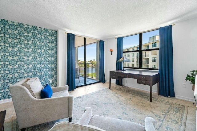 interior space featuring baseboards, a textured ceiling, and a healthy amount of sunlight