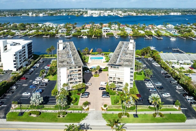 bird's eye view with a water view