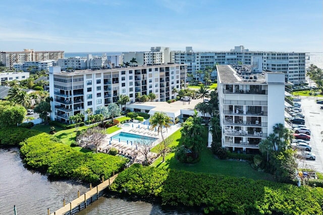 aerial view with a city view and a water view