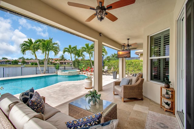 7147 Prudencia Dr, Lake Worth, FL 33463 - view of swimming pool with ceiling fan, an outdoor hangout area, a fenced backyard, a patio, and a water view