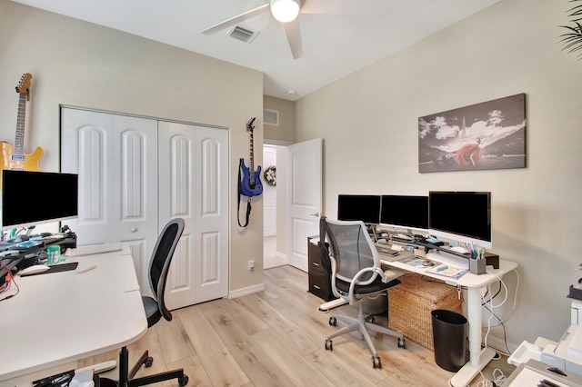 7147 Prudencia Dr, Lake Worth, FL 33463 - office area featuring ceiling fan, light wood-style floors, and baseboards