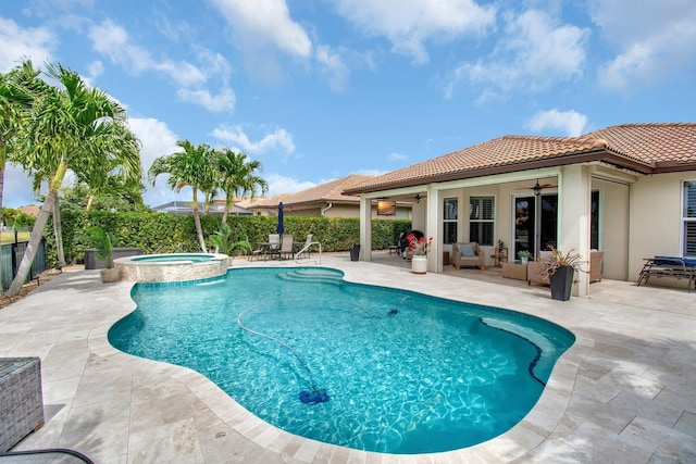 7147 Prudencia Dr, Lake Worth, FL 33463 - view of pool with ceiling fan, a patio, an outdoor living space, and a pool with connected hot tub