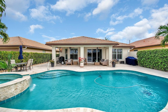 7147 Prudencia Dr, Lake Worth, FL 33463 - view of pool with an outdoor living space, a ceiling fan, a patio area, and a pool with connected hot tub