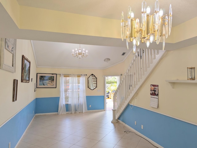 tiled entryway with stairs, an inviting chandelier, ornamental molding, baseboards, and visible vents