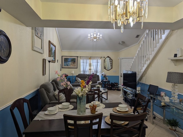 dining room with light tile patterned floors, visible vents, stairway, and a notable chandelier