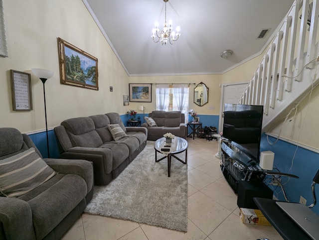 living room featuring visible vents, a chandelier, crown molding, stairway, and tile patterned flooring