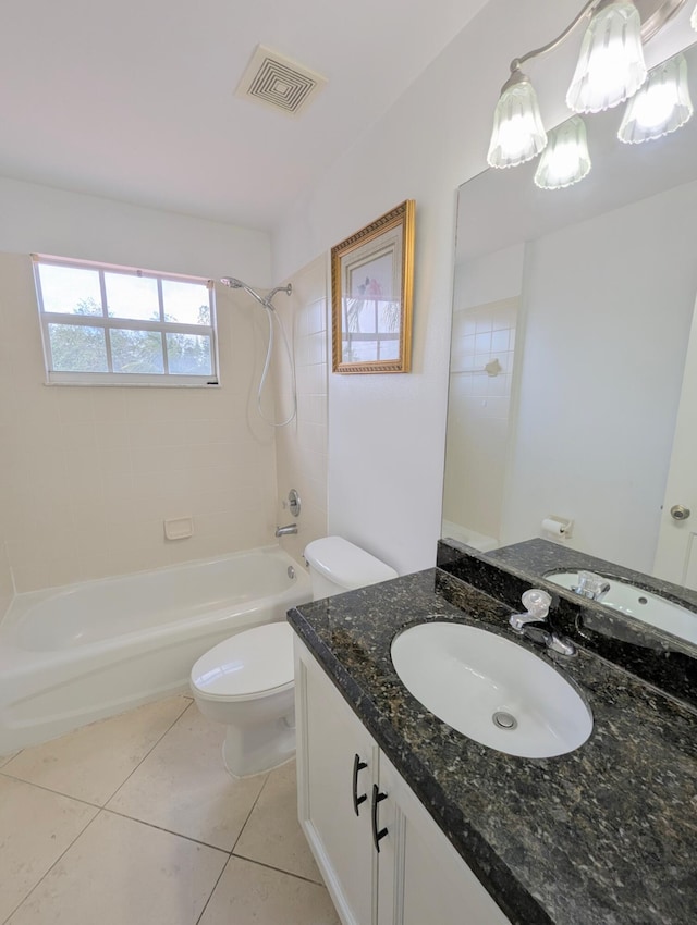 full bathroom featuring tile patterned floors, toilet, vanity, shower / bathing tub combination, and visible vents