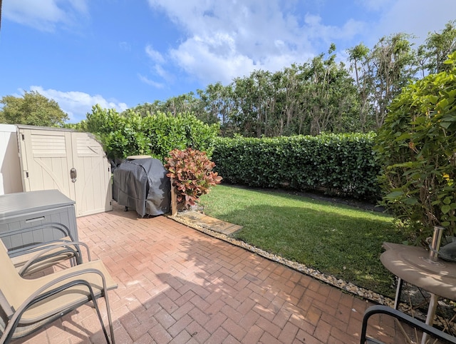 view of patio / terrace featuring a storage unit, an outdoor structure, and grilling area