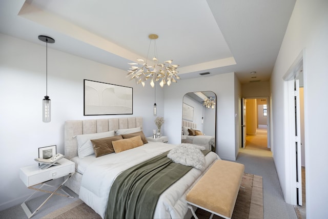 10403 Wellington Parc Dr, Wellington, FL 33449 - bedroom featuring a chandelier, visible vents, a raised ceiling, arched walkways, and carpet