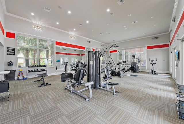 5264 Cambridge Ct, Palm Beach Gardens, FL 33418 - gym featuring carpet flooring, recessed lighting, baseboards, and ornamental molding
