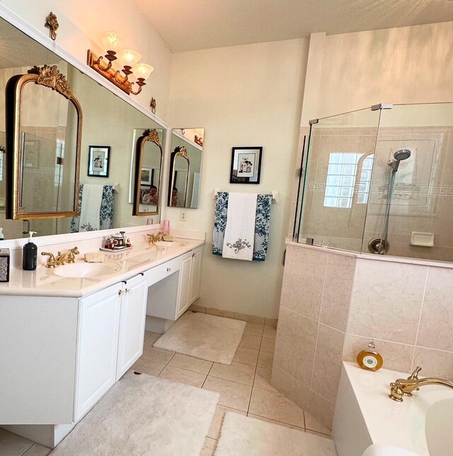 3112 Bollard Rd, West Palm Beach, FL 33411 - full bath featuring a garden tub, a walk in shower, double vanity, and tile patterned floors