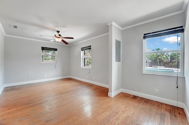 unfurnished room featuring electric panel, baseboards, and ornamental molding