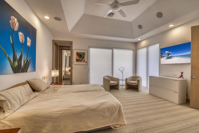 1440 Breakers W Blvd, West Palm Beach, FL 33411 - bedroom featuring light carpet, recessed lighting, ceiling fan, and a tray ceiling