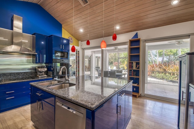 1440 Breakers W Blvd, West Palm Beach, FL 33411 - kitchen with black appliances, a sink, a ceiling fan, vaulted ceiling, and blue cabinets