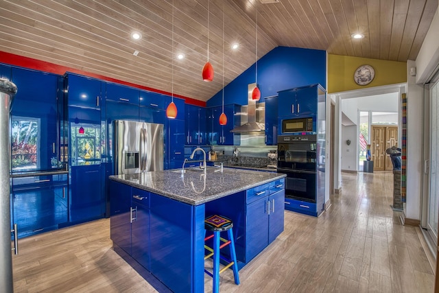 1440 Breakers W Blvd, West Palm Beach, FL 33411 - kitchen featuring wall chimney exhaust hood, blue cabinetry, black appliances, wooden ceiling, and vaulted ceiling