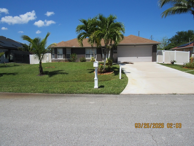 443 SW Homeland Rd, Port Saint Lucie, FL 34953 - ranch-style house featuring fence, a garage, concrete driveway, a front lawn, and stucco siding