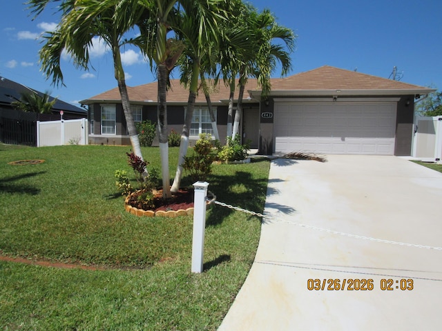 443 SW Homeland Rd, Port Saint Lucie, FL 34953 - ranch-style home featuring driveway, stucco siding, fence, a front lawn, and a garage