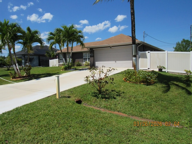 443 SW Homeland Rd, Port Saint Lucie, FL 34953 - ranch-style home with concrete driveway, stucco siding, fence, an attached garage, and a front yard