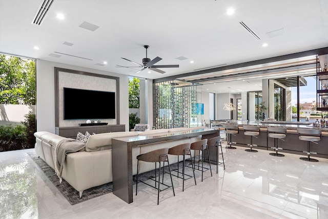 372 E Alexander Palm Rd, Boca Raton, FL 33432 - living room featuring floor to ceiling windows, a ceiling fan, visible vents, recessed lighting, and marble finish floor