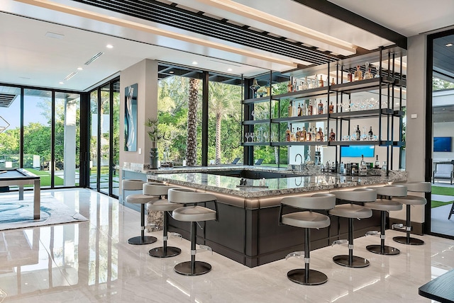 372 E Alexander Palm Rd, Boca Raton, FL 33432 - bar featuring plenty of natural light, marble finish floor, wet bar, and a wall of windows