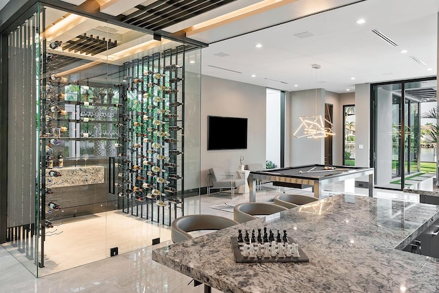 372 E Alexander Palm Rd, Boca Raton, FL 33432 - wine cellar featuring marble finish floor, billiards, visible vents, and recessed lighting