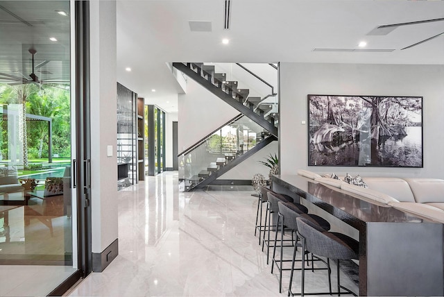 372 E Alexander Palm Rd, Boca Raton, FL 33432 - interior space featuring recessed lighting, stairway, marble finish floor, and ceiling fan