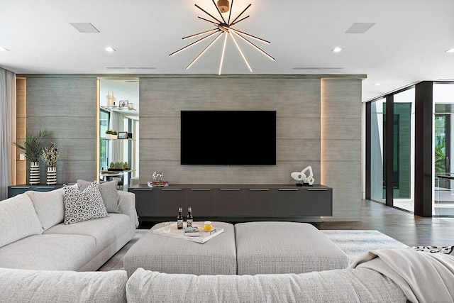 372 E Alexander Palm Rd, Boca Raton, FL 33432 - living room with floor to ceiling windows, recessed lighting, a chandelier, and wood finished floors