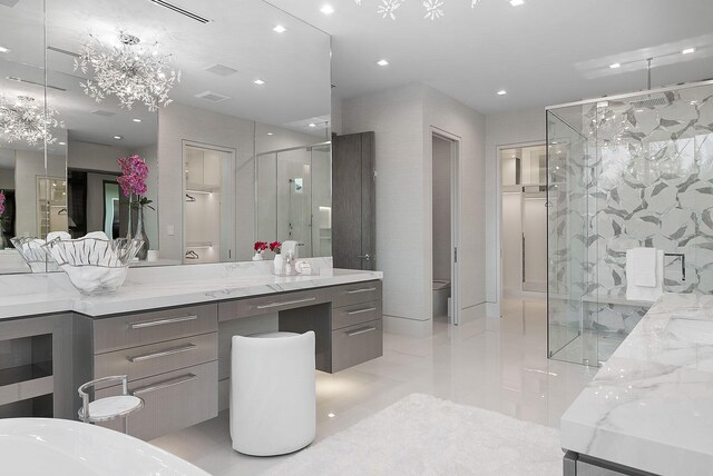 372 E Alexander Palm Rd, Boca Raton, FL 33432 - bathroom featuring visible vents, a shower stall, vanity, and recessed lighting
