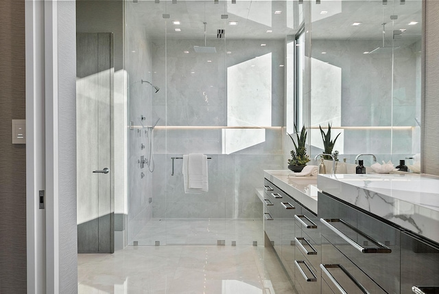 372 E Alexander Palm Rd, Boca Raton, FL 33432 - full bathroom featuring a shower stall, tile walls, a sink, and double vanity