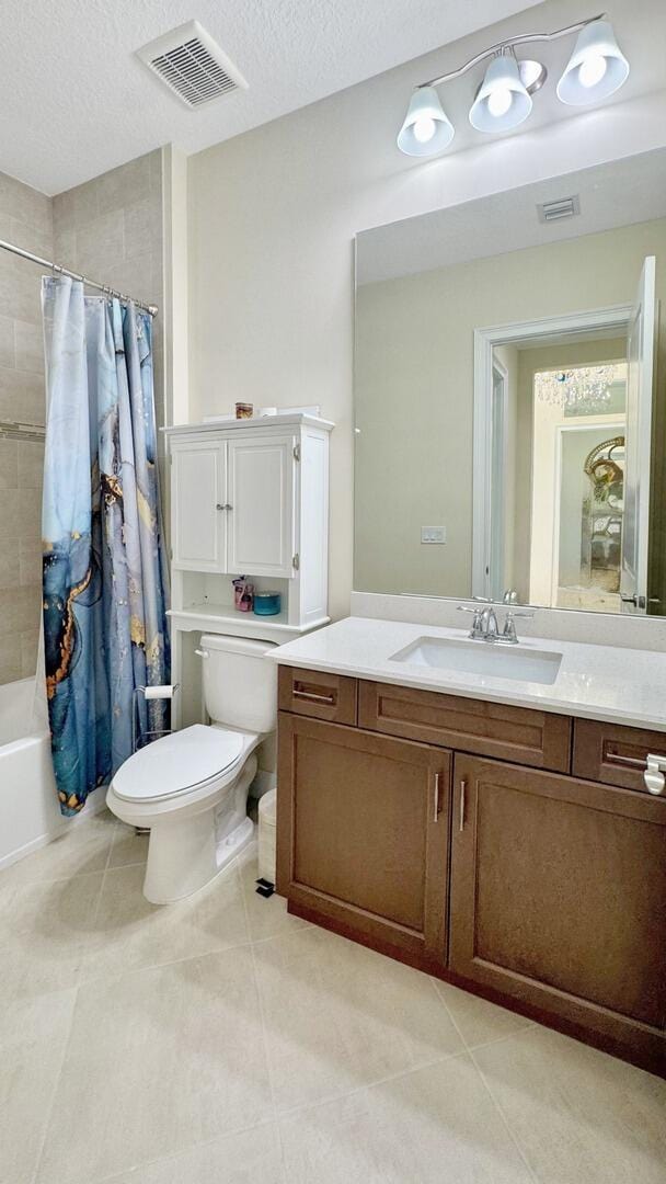 4673 Estates Cir, Westlake, FL 33470 - bathroom featuring toilet, vanity, shower / bathtub combination with curtain, tile patterned flooring, and a textured ceiling