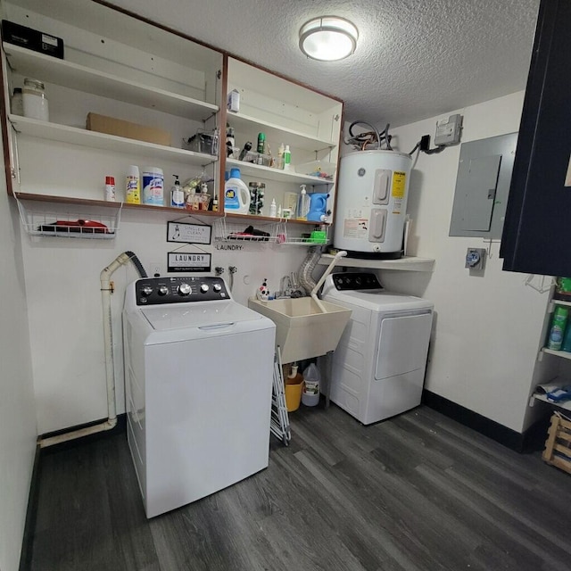 2379 Carambola Rd, West Palm Beach, FL 33406 - washroom featuring electric water heater, dark wood finished floors, electric panel, a textured ceiling, and baseboards