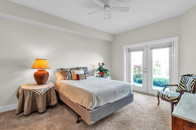 bedroom with french doors, baseboards, access to exterior, a ceiling fan, and light carpet
