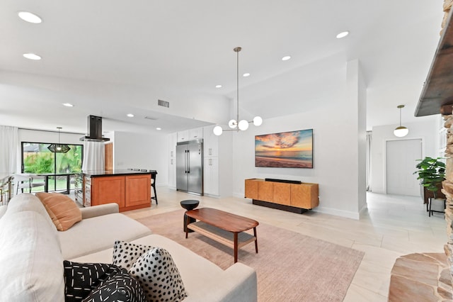 living room featuring baseboards, visible vents, recessed lighting, and light tile patterned flooring