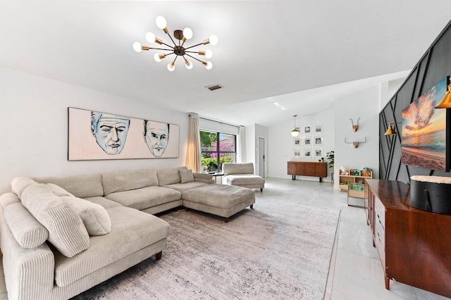 living room with vaulted ceiling, visible vents, a chandelier, and light tile patterned floors