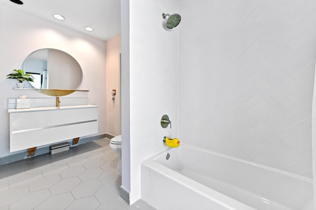 full bathroom featuring tile patterned floors, bathing tub / shower combination, toilet, recessed lighting, and vanity