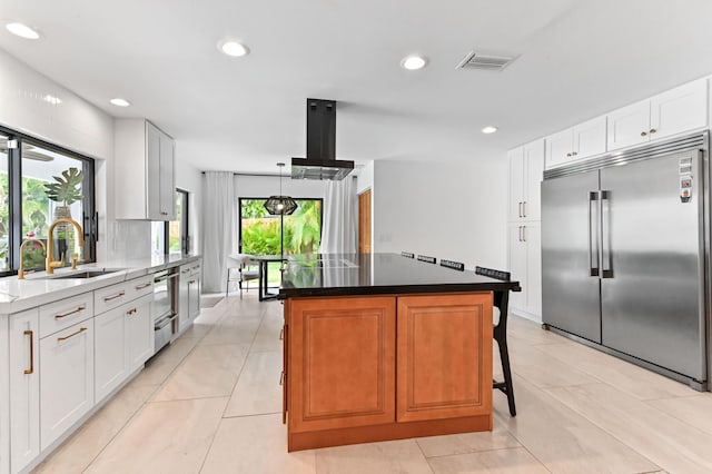 kitchen featuring stainless steel appliances, island exhaust hood, a sink, white cabinetry, and a kitchen island