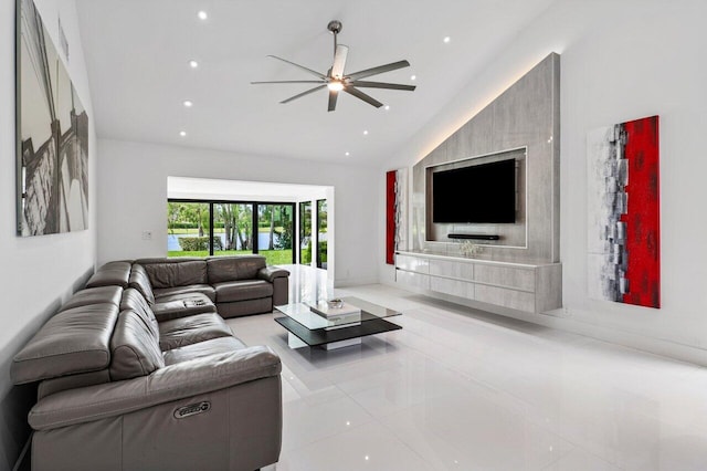 21481 Cypress Hammock Dr Unit 31B, Boca Raton, FL 33428 - living area with recessed lighting, ceiling fan, and high vaulted ceiling
