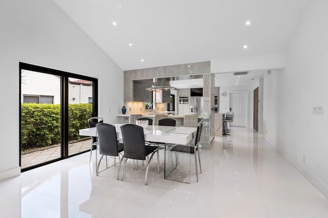 21481 Cypress Hammock Dr Unit 31B, Boca Raton, FL 33428 - dining room with high vaulted ceiling, recessed lighting, light tile patterned flooring, and visible vents