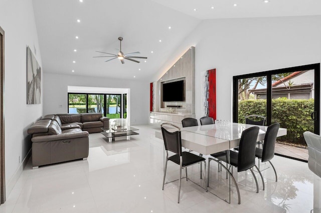21481 Cypress Hammock Dr Unit 31B, Boca Raton, FL 33428 - dining area featuring high vaulted ceiling, ceiling fan, and recessed lighting