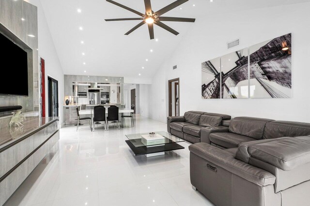 21481 Cypress Hammock Dr Unit 31B, Boca Raton, FL 33428 - living room featuring high vaulted ceiling, ceiling fan, and visible vents