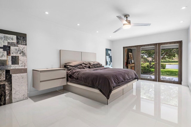 21481 Cypress Hammock Dr Unit 31B, Boca Raton, FL 33428 - bedroom featuring access to outside, recessed lighting, a ceiling fan, and light tile patterned floors